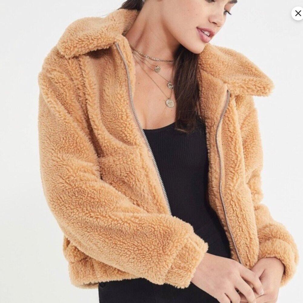 Urban Outfitters light brown teddy collared full zip jacket pockets medium